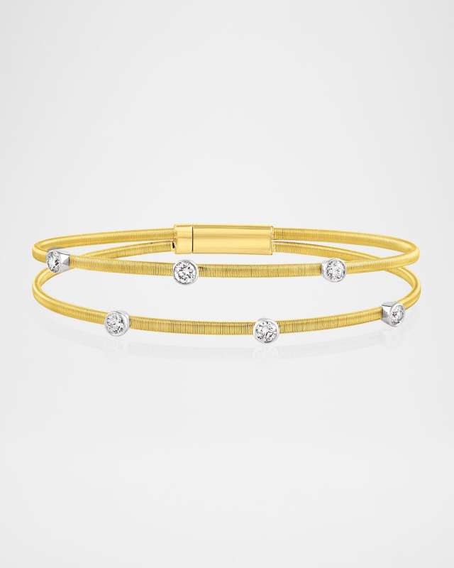 18K Gold Smooth Wire Two-Row Six-Stone Diamond Bangle Bracelet
